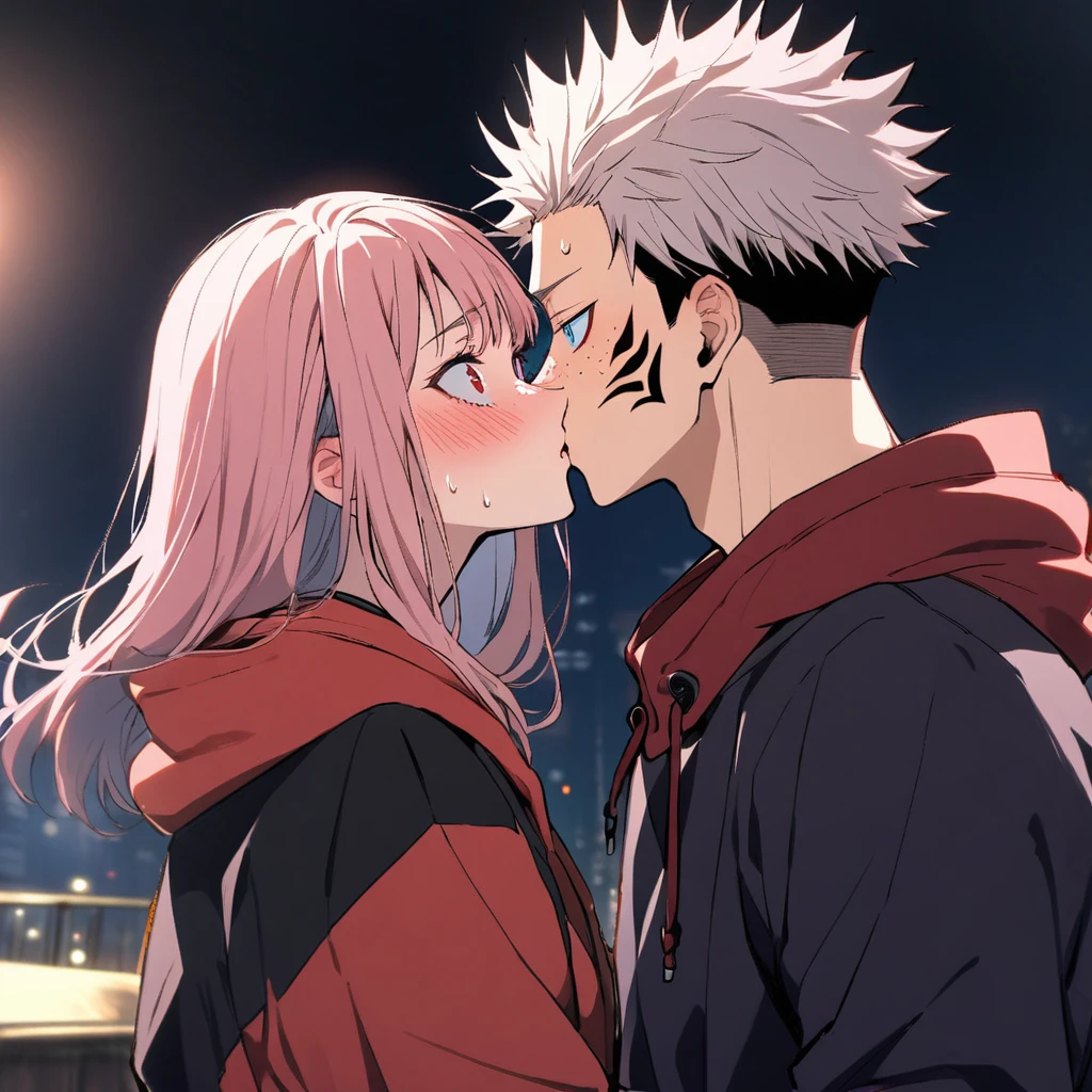(1girl with long White hair, blue eyes), (1boy with pink_hair, blush, undercut, hetero, red_eyes, tattoo), long_hair, itadori_yuuji, spiked_hair, hood, short_hair, ryoumen_sukuna_(jujutsu_kaisen), night, facial_tattoo, hoodie, upper_body, jacket, extra_eyes, hood_down, black_jacket, imminent_kiss, kiss, looking_at_another, facial_mark, freckles, sweatdrop, bangs, multicolored_hair, blue_eyes, clothes_grab, surprised