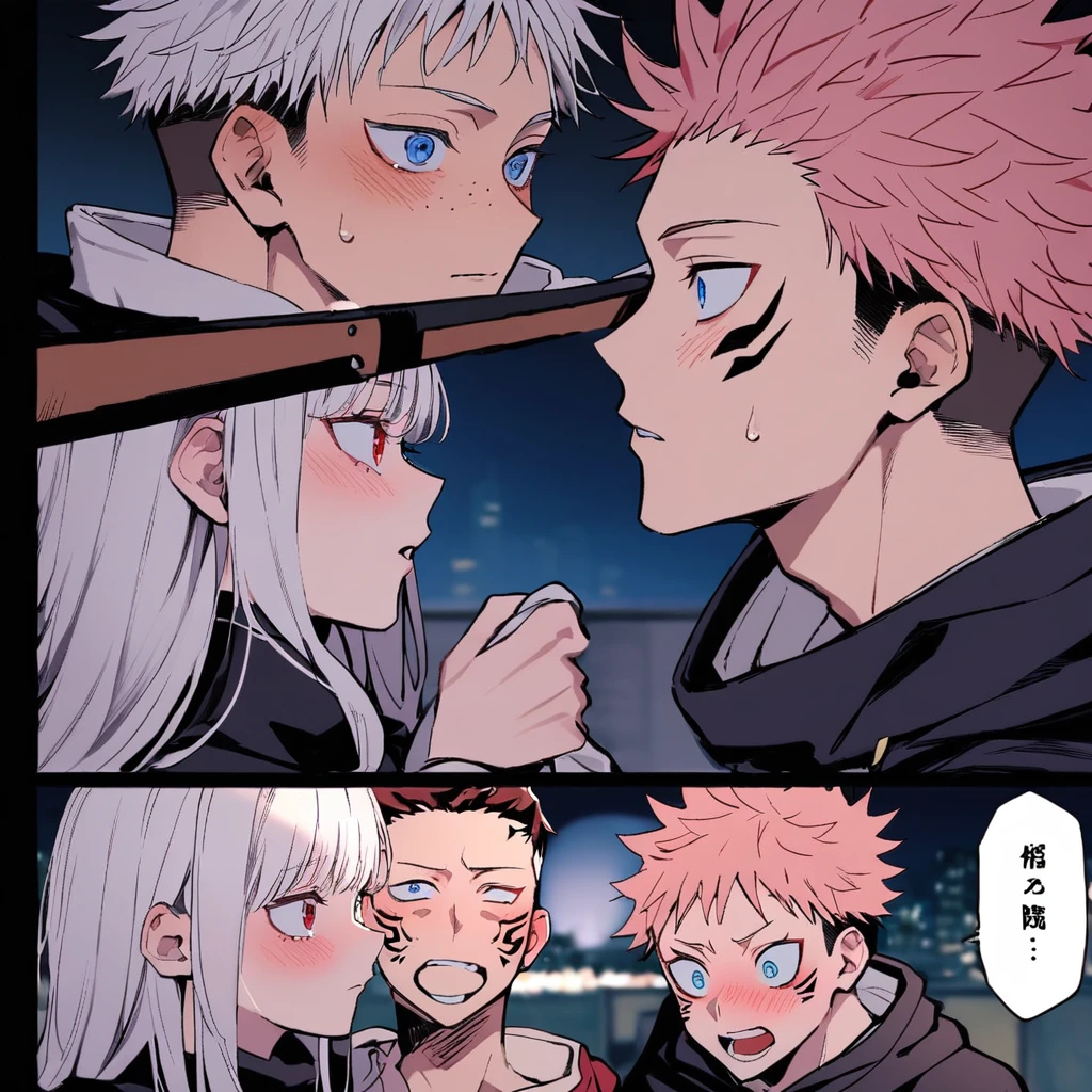 (1girl with long White hair, blue eyes), (1boy with pink_hair, blush, undercut, hetero, red_eyes, tattoo), long_hair, itadori_yuuji, spiked_hair, hood, short_hair, ryoumen_sukuna_(jujutsu_kaisen), night, facial_tattoo, hoodie, upper_body, jacket, extra_eyes, hood_down, black_jacket, imminent_kiss, kiss, looking_at_another, facial_mark, freckles, sweatdrop, bangs, multicolored_hair, blue_eyes, clothes_grab, surprised