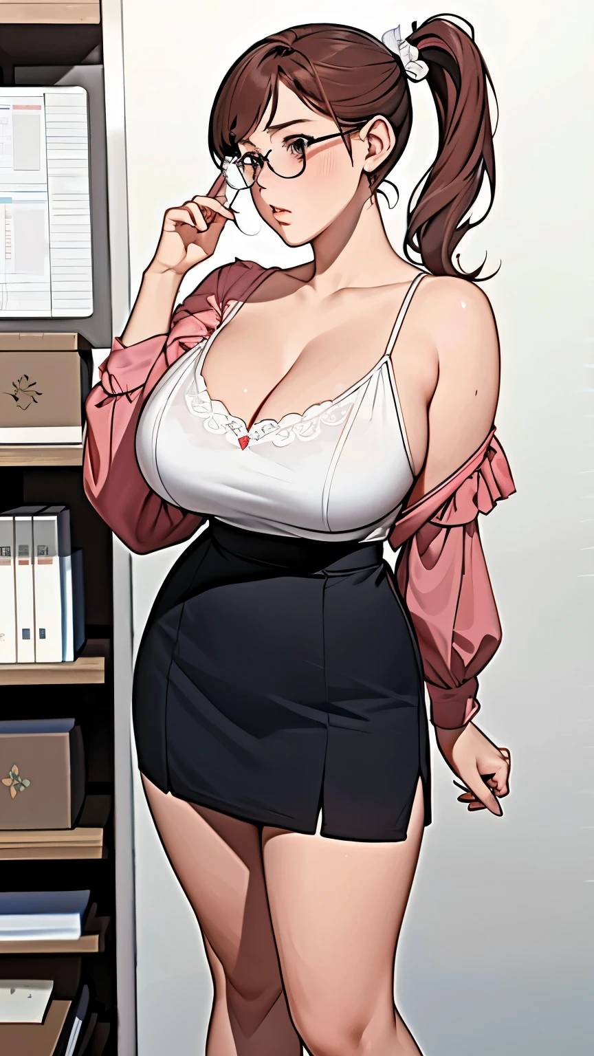 detailed face, girl、low-ponytails、red blush, blouse, blouse, shoulder, arm, side boob, teacher, Super big breasts、perfect-composition、top-quality、ultra-detailliert、masterpiece、realisitic、Full Body Standing, glasses, books, front class, white board, cleavage:1.4