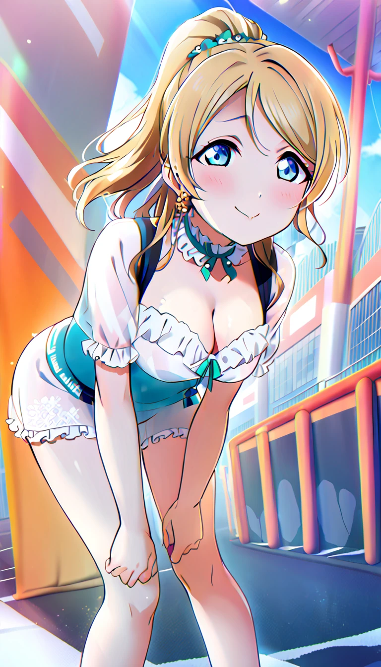 18-year-old mature woman, Ayase Eri, full body, dressed for going out in the city in midsummer, hands on knees, leaning forward and looking up at the viewer, slightly flushed cheeks, medium chest, cleavage visible, id_eli_ayase, city background, 8k