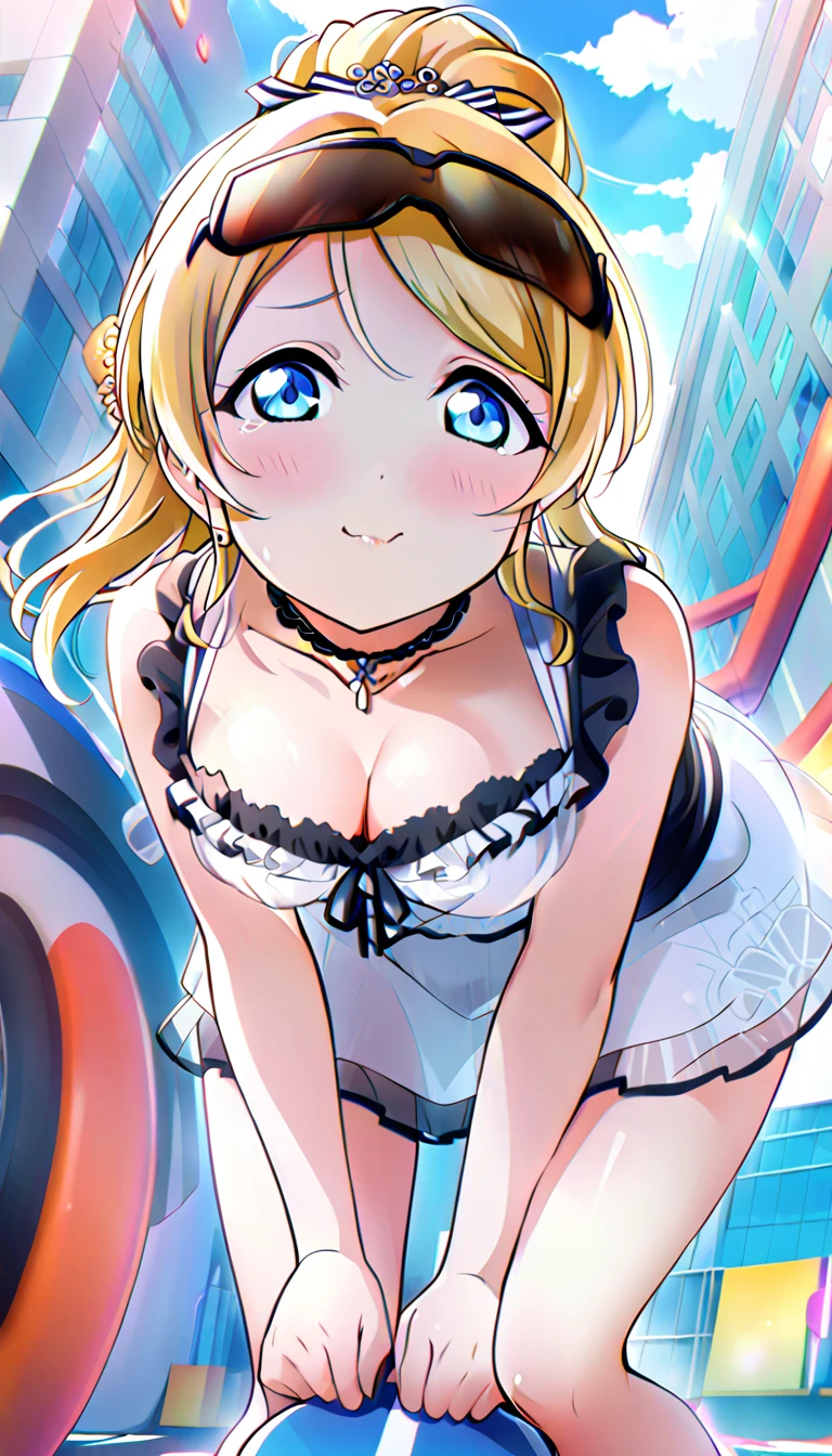 18-year-old mature woman, Ayase Eri, full body, dressed for going out in the city in midsummer, hands on knees, leaning forward and looking up at the viewer, slightly flushed cheeks, medium chest, cleavage visible, id_eli_ayase, city background, 8k