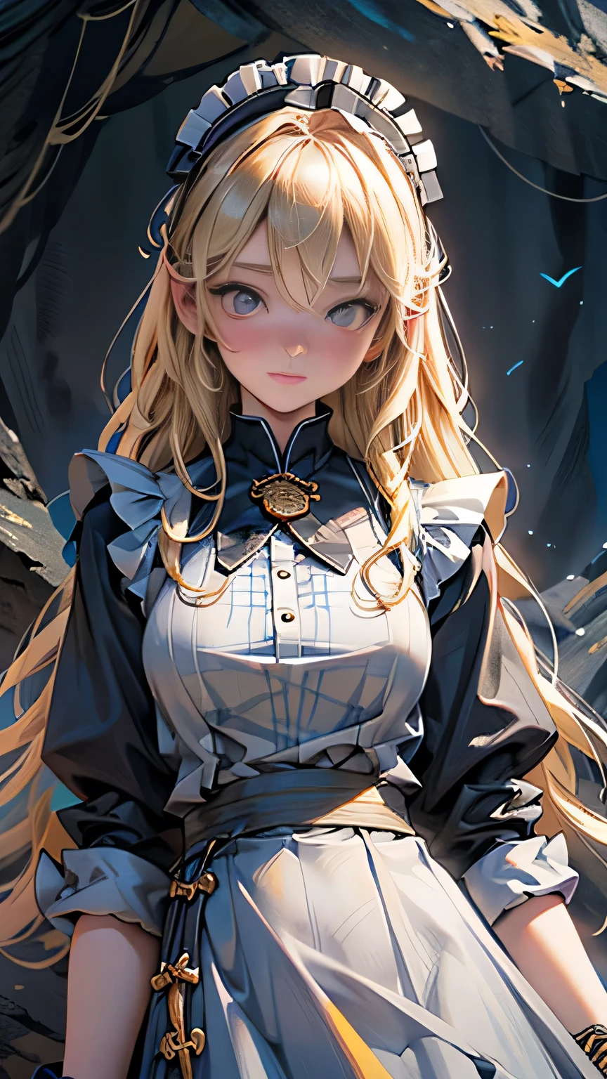 (Surreal), (picture), (High resolution), (In 8K), (Very detailed), (Best Illustration Photos), (Beautiful and fine details), (Highest quality), (Ultra-detailed), (masterpiece), (wallpaper), (Detailed face), solo, One Girl, Blonde Wavy Hair, Korean Beauty,Black Eyes, ((A loose-fitting blue and yellow checked maid outfit)), Long legs, Toned Abs, stockings、((In a dark cave))、(Pause＿random)､(Face close-up)