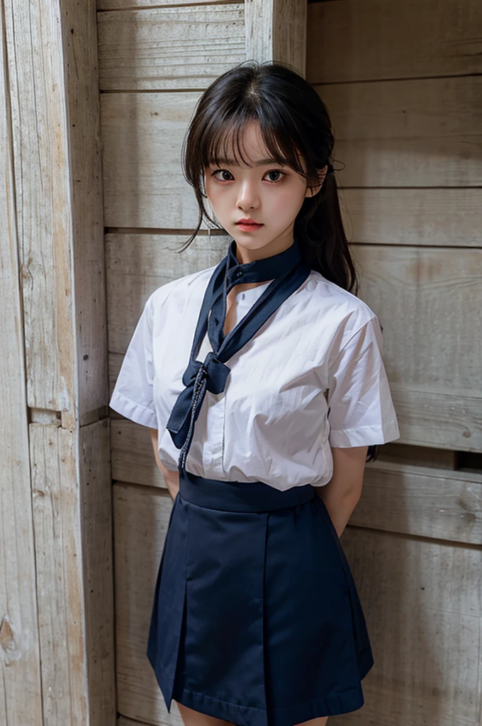 Cute girl is confined and tied up、The ultimate beauty、Even out the eyey hands are tied with ropes、Inside the mountain hut、White short sleeve shirt、Navy Semi-Long Skirt、Standing in front of a wall、Age 25、Medium、as in real life、Highest quality、