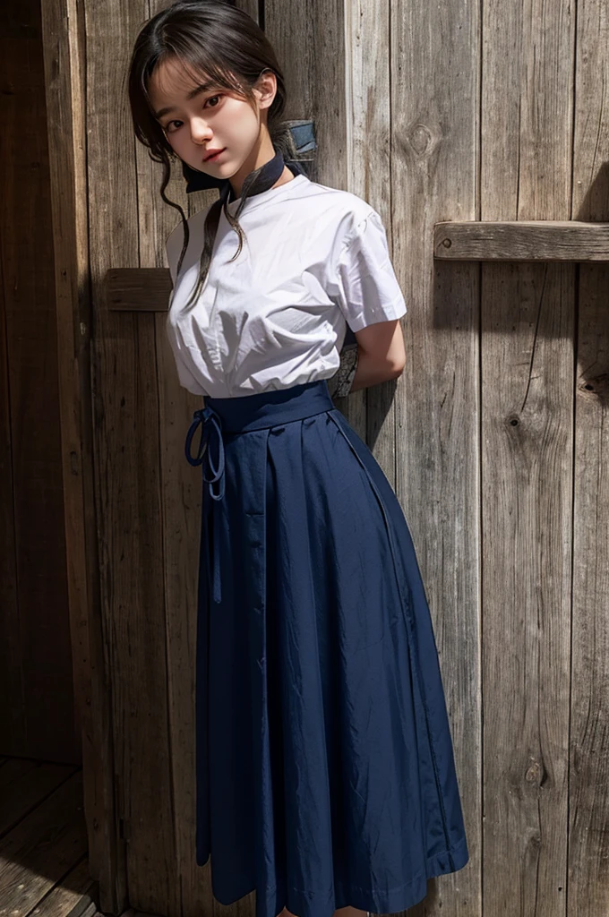 Cute girl is confined and tied up、The ultimate beauty、Even out the eyey hands are tied with ropes、Inside the mountain hut、White short sleeve shirt、Navy Semi-Long Skirt、Standing in front of a wall、Age 25、Medium、as in real life、Highest quality、