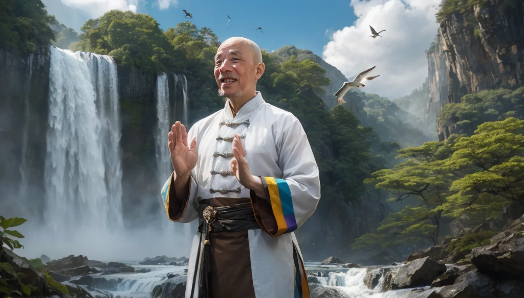 A middle-aged rather thin oriental man with a bald short beard puts his hands together，Showing goodbye，Eyes looking into the camera，Wearing a two-piece light-colored Chinese dress，Standing in the forest with waterfall，There are birds flying，There are white clouds in the blue sky，There is a rainbow above the waterfall，Beautiful and high-definition picture，The details are very clear，With depth of field