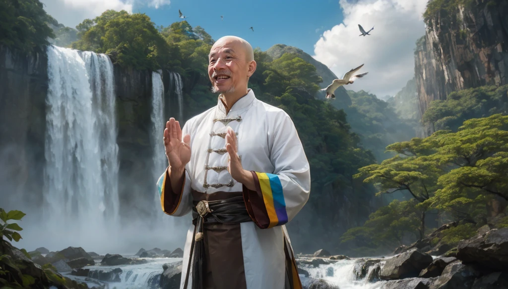 A middle-aged rather thin oriental man with a bald short beard puts his hands together，Showing goodbye，Eyes looking into the camera，Wearing a two-piece light-colored Chinese dress，Standing in the forest with waterfall，There are birds flying，There are white clouds in the blue sky，There is a rainbow above the waterfall，Beautiful and high-definition picture，The details are very clear，With depth of field