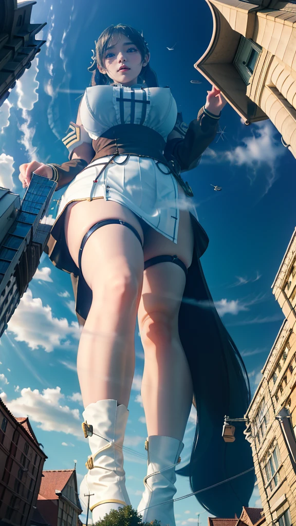 (((Fisheye Lens)))、Medieval European town、((((A girl bigger than the city))))、(((Azur Lane Cheshire Cosplay)))Looking up from below，50 foot tall giant girl，Has super long legs,((Bend))，((A pair of huge breasts))，((Plump thighs))、high ，mini skirt,Long black hair，Beautiful appearance，Exquisite makeup，quality，8k，High quality，(governor:1.5)，Perfect Proportions, Cinema Lighting，Film Grain，The Colors of Fuji，8k，Textured skin，Super Detail，High detail，high quality，High resolution