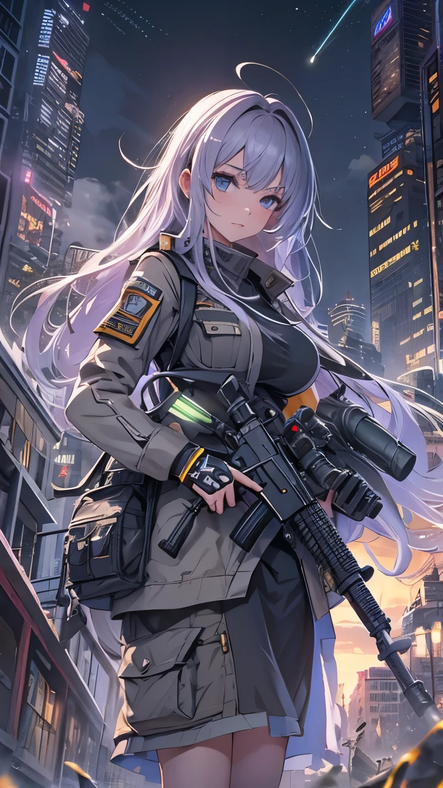 Highest quality, Highest quality, 16K, Unbelievably absurd, Very detailed, delicate and dynamic, Natural light, The particles reflect light, Diffuse reflection of light, Vortex of Light, war zone, bombs blasting around, dark outfield, ruined big city, roof top of ruined building, moon night, milky way, illumination, Create amazing image effects, Upper body close-up, (sole sexy girl, big Firm bust, , powerful, A professional sniper,, shooting a target with M16 auto rifle, swat uniform,)