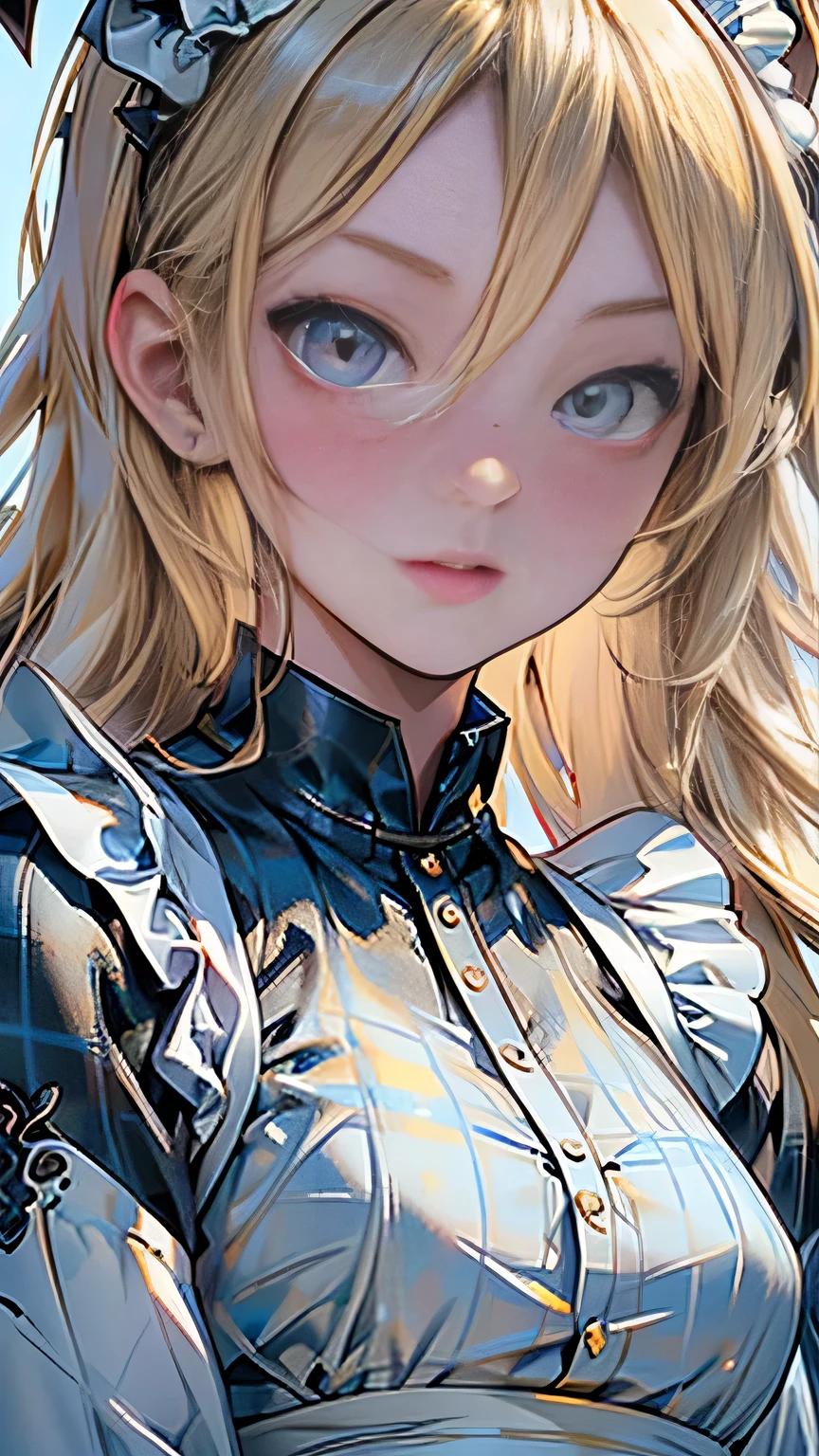 (Surreal), (picture), (High resolution), (In 8K), (Very detailed), (Best Illustration Photos), (Beautiful and fine details), (Highest quality), (Ultra-detailed), (masterpiece), (wallpaper), (Detailed face), solo, One Girl, Blonde Wavy Hair, Korean Beauty,Black Eyes, ((A loose-fitting blue and yellow checked maid outfit)), Long legs, Toned Abs, stockings、((In a dark cave))、(Pause＿random)､(((Face close-up))), Face close-up