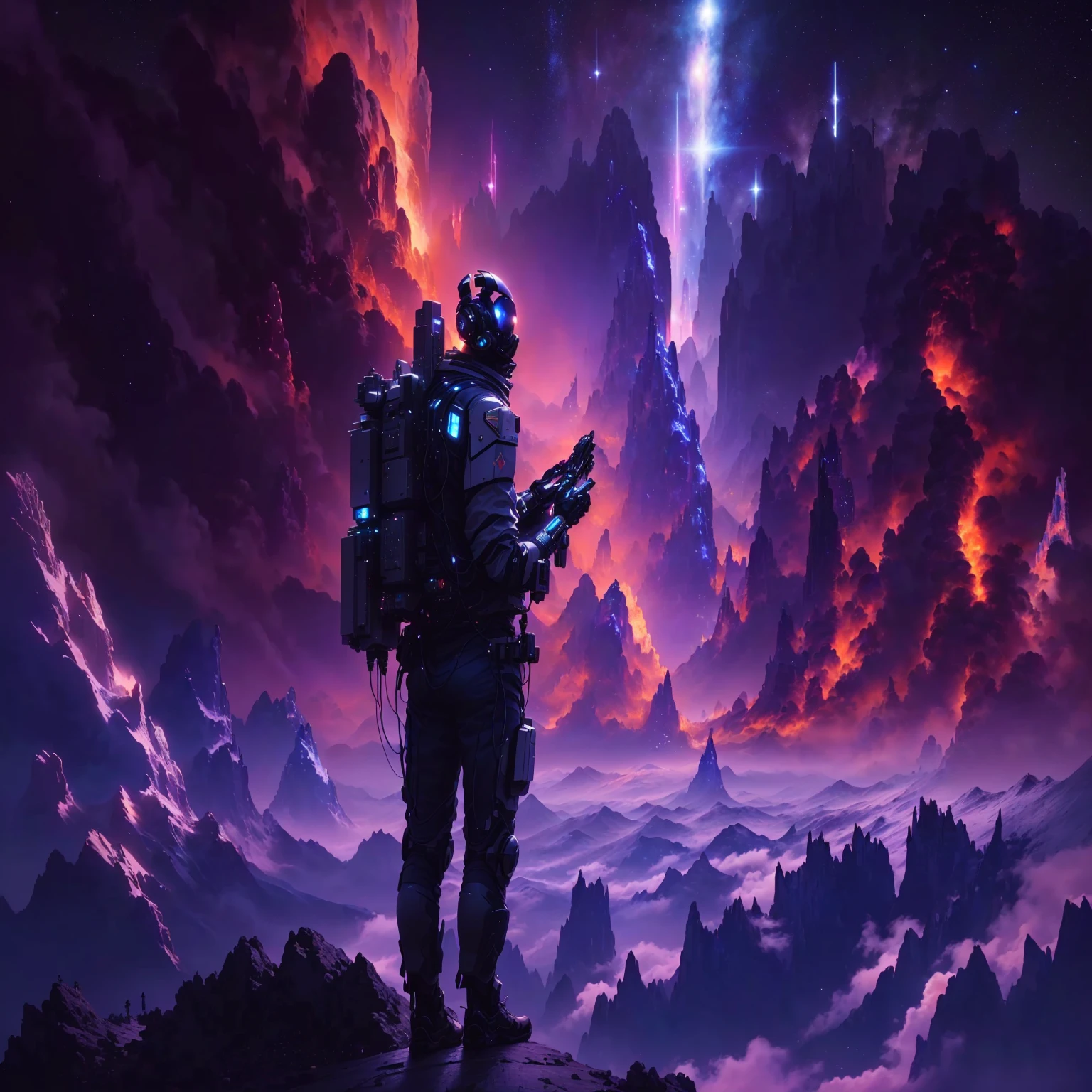 blurred image of a man standing on a mountain looking up at a space station, Greg Beeple, Very detailed 4k hd wallpaper, artem demura beetle, artgem and beep masterpiece, unknown space, 4 k wallpaper, 4 k wallpaper, arstation e beeple altamente, beautiful science fiction art, beep masterpiece