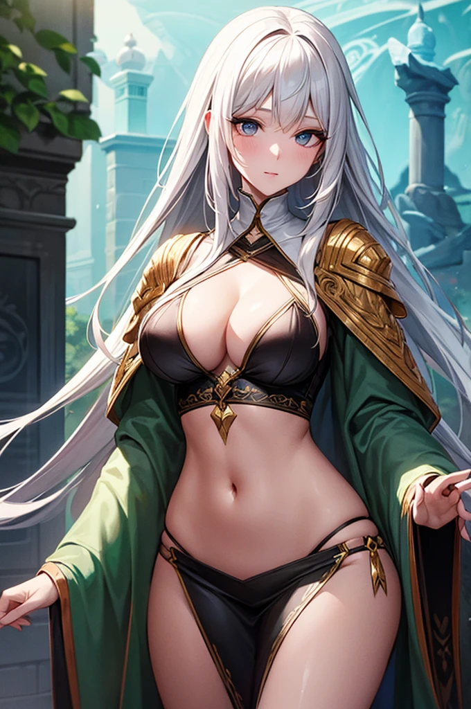 nsfw, nasty elf race fighter, adventurer, anime style woman, slim, huge breasts, abs, muscles, fight with battle axe, hold battle axe in front, full body figure, dynamic, silver long hair, green eyes, slanted eyes, hair between eyes, messy hair, gentle and attractive, bare shoulders, delicate and sexy collarbone, full body photo, attractive oval face, double eyelids, pink lips, small nose, ultra high definition, super detail, Elegant posture, exploring dimly lit dungeons, ultra-fine translucent micro bikini armor, biting in, wearing wet see-through white panties, emphasis on glittery skin, sweat, thighs and axe