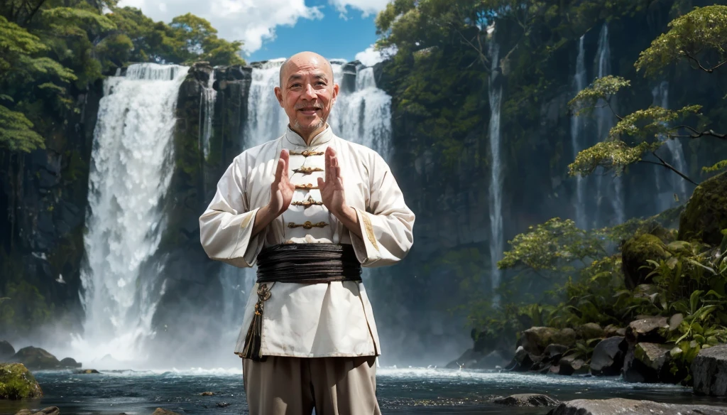 A middle-aged rather thin oriental man with a bald short beard puts his hands together，Showing goodbye，Eyes looking into the camera，Wearing a two-piece light-colored Chinese dress，Standing in the forest with waterfall，There are birds flying，There are white clouds in the blue sky，There is a rainbow above the waterfall，Beautiful and high-definition picture，The details are very clear，With depth of field