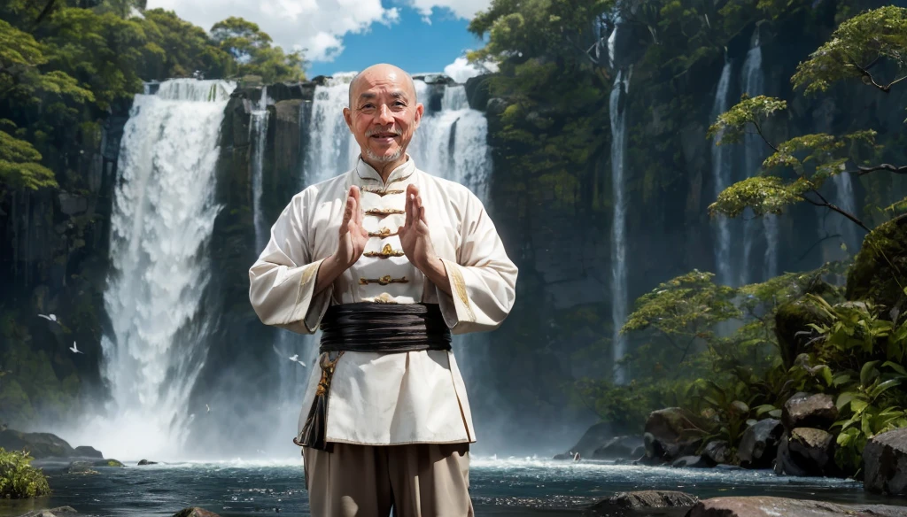 A middle-aged rather thin oriental man with a bald short beard puts his hands together，Showing goodbye，Eyes looking into the camera，Wearing a two-piece light-colored Chinese dress，Standing in the forest with waterfall，There are birds flying，There are white clouds in the blue sky，There is a rainbow above the waterfall，Beautiful and high-definition picture，The details are very clear，With depth of field