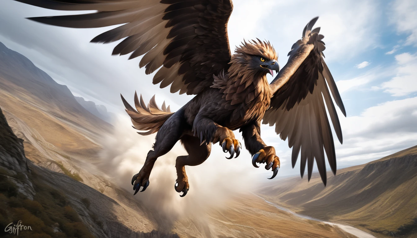 Realistic photos, RAW Photos, Griffon, attacks viewer, Powerful movements, jump on prey, ((Dynamic jump)), Sharp Claws, Griffon approaching from above, sudden approach, Bad-tempered, dynamic Shot from grand
