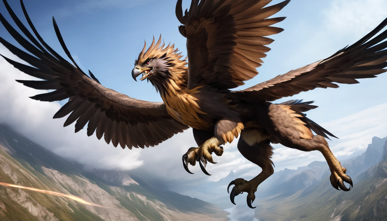 Realistic photos, RAW Photos, Griffon, attacks viewer, Powerful movements, jump on prey, ((Dynamic jump)), Sharp Claws, Griffon approaching from above, sudden approach, Bad-tempered, dynamic Shot from grand