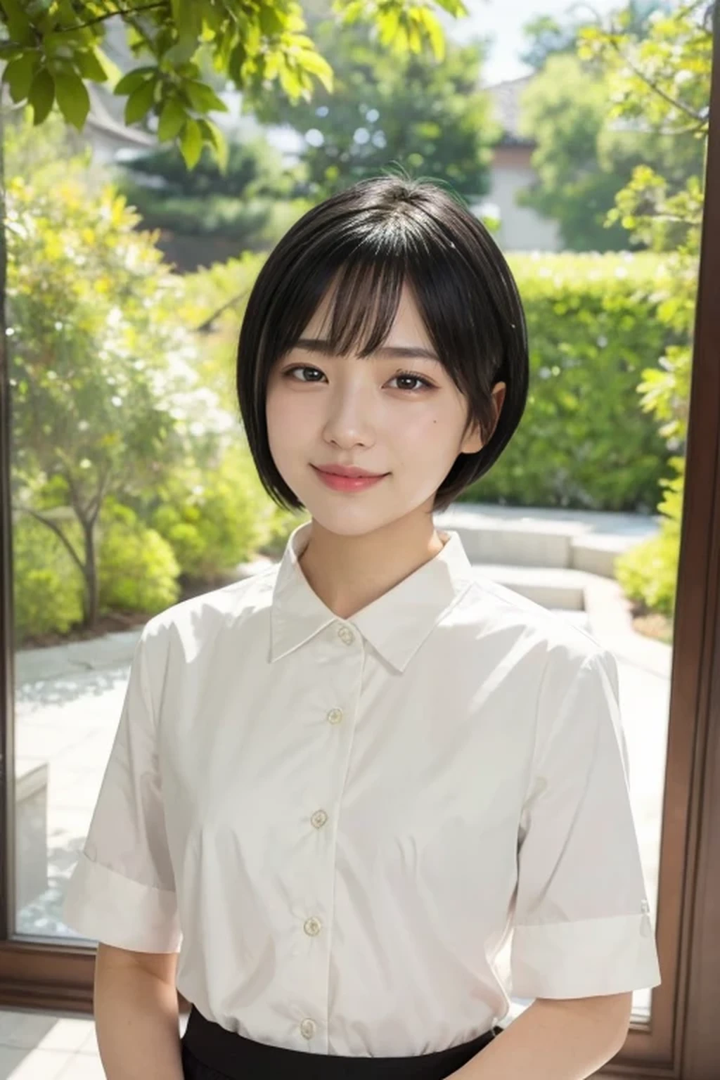 (natural lighting:1.3), 8k, RAW photo, best quality, masterpiece, realistic, photo-realistic, clear, beautiful face, no makeup, best quality, ultra high res, BREAK, Japanese cute girl, 14 years old, (short cut hair:1.2), smile, standing, BREAK, (black eyes, black hair:1.2)