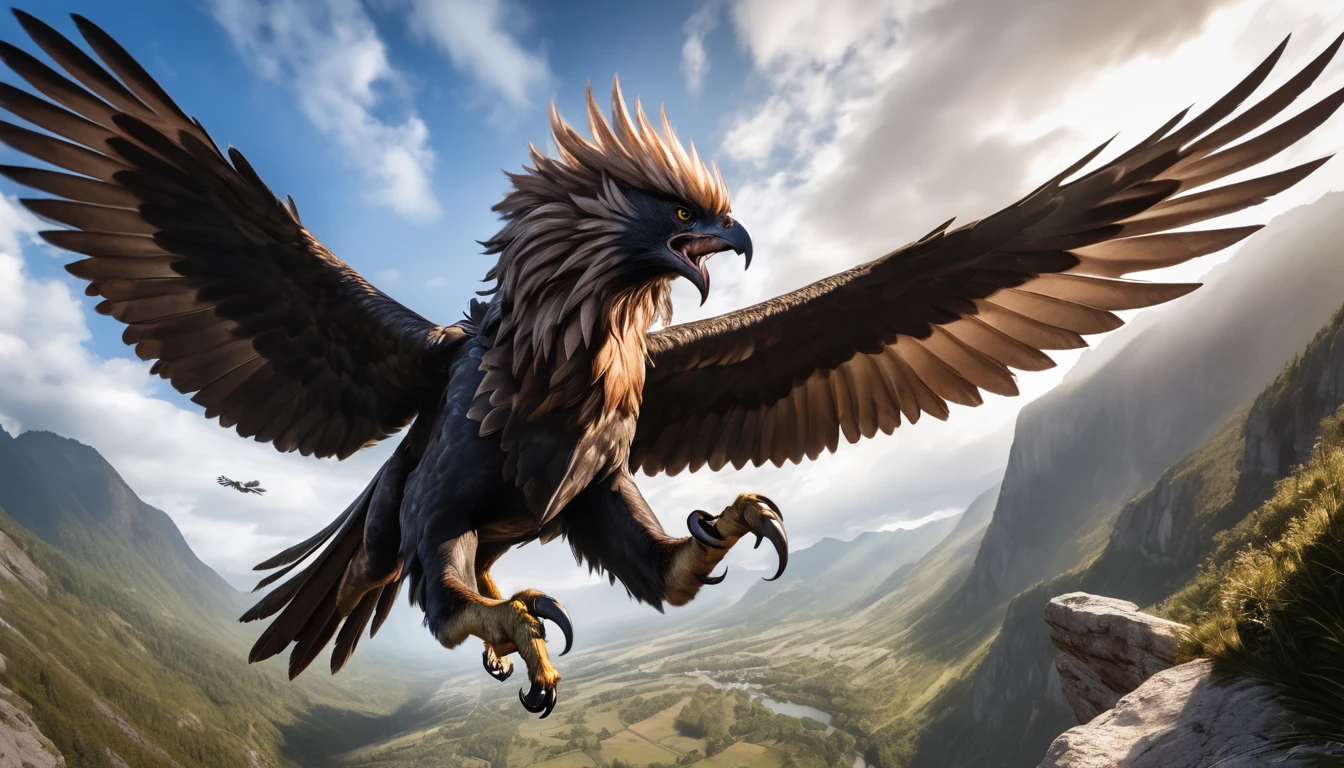 Realistic photos, RAW Photos, Griffon, attacks viewer, Powerful movements, jump on prey, ((Dynamic jump)), Sharp Claws, Griffon approaching from above, sudden approach, Bad-tempered, dynamic Shot from grand