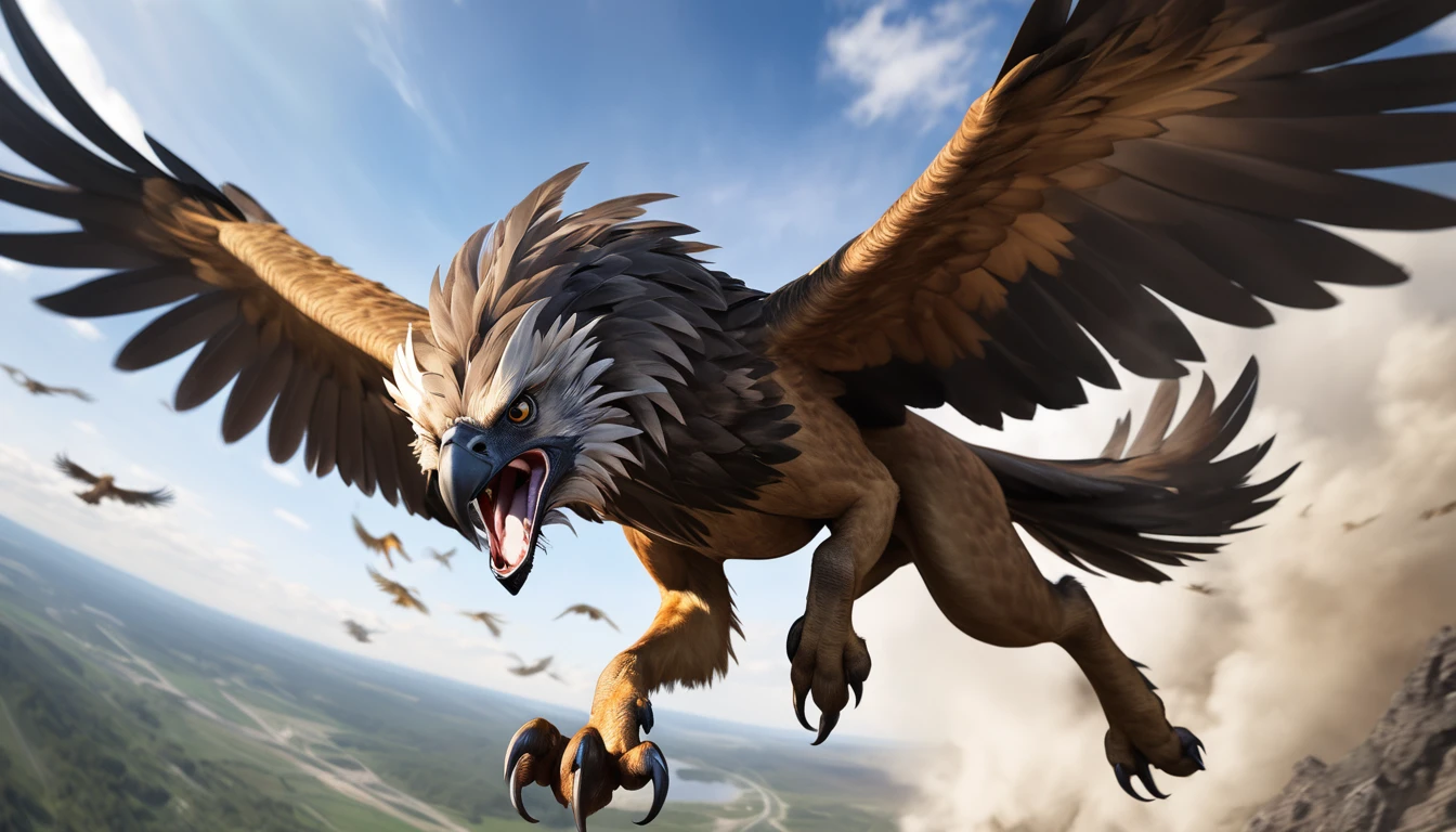 Realistic photos, RAW Photos, Griffon, attacks viewer, Powerful movements, jump on prey, ((Dynamic jump)), Sharp Claws, Griffon approaching from above, sudden approach, Bad-tempered, dynamic Shot from grand