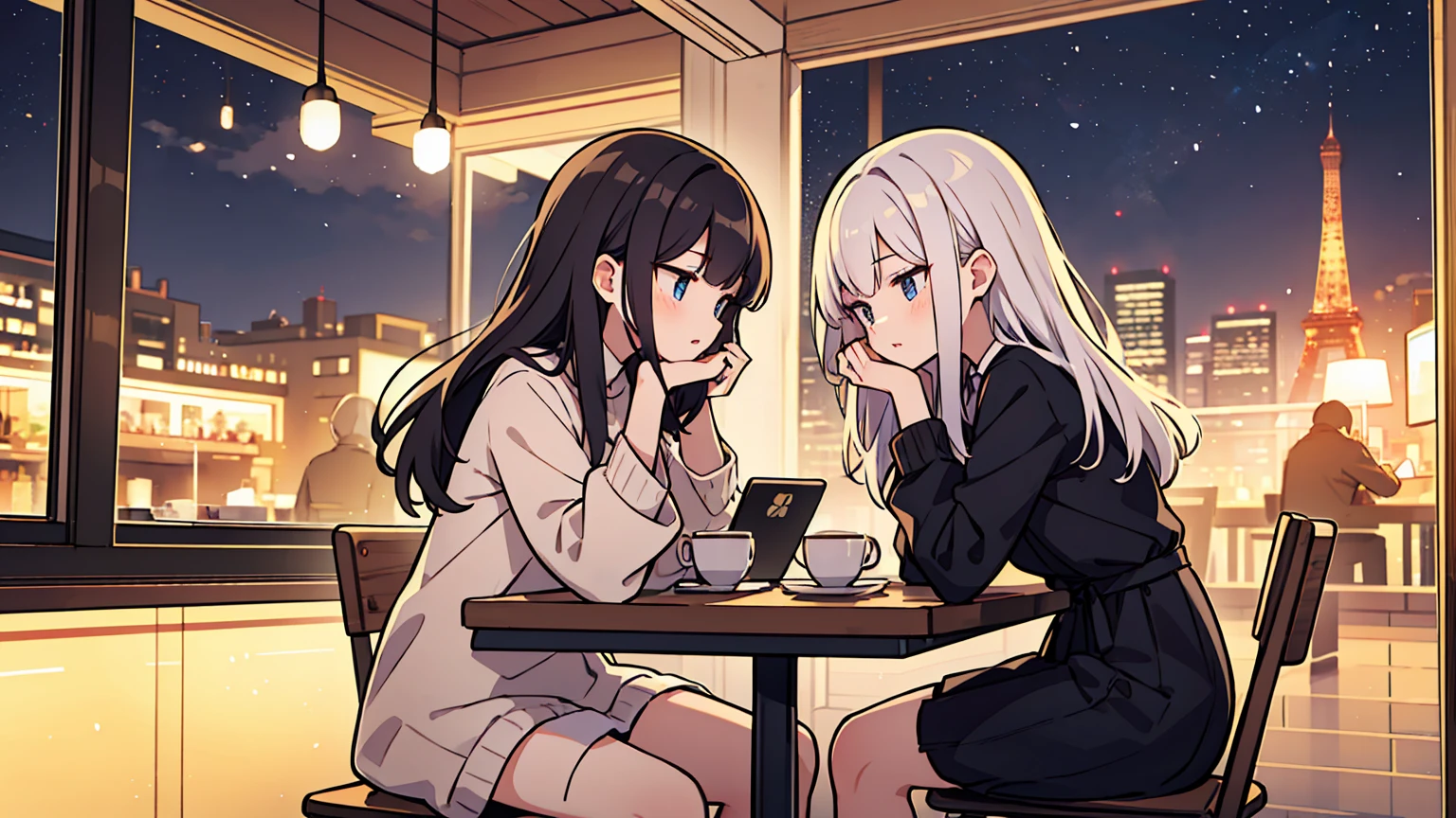 (masterpiece, best quality),Two women with different faces and hairstyles, different hair colors, different faces, long hair, letterboxed, perfection of fashion,chapped lips, casual attire, bust, from the side,At a cafe with a night view of Paris outside the floor-to-ceiling window, study at the table, My eyes are focused on the notes,laptop, together, stylish outfit,