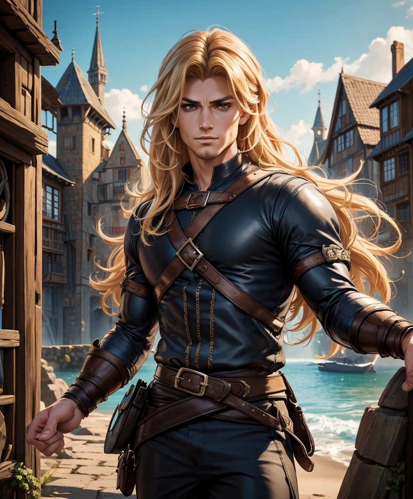 score_9, score_8_up, score_8,  (((Single character image.))) (((1boy))) (((Dressed in medieval fantasy attire.)))   (((This male character is sexy and virile.)))  (((This character is very sexy and dashing.))) Generate a daring, thrilling swashbuckler with a charm and style that is irresistible.  (((Sexy long blond hair.))) This is a character designed for a swashbuckler setting, near an exciting port town inhabited by dangerous thugs and other criminals.  He should be dashing, attractive and a charming and daring adventurer.  He wears stylish swashbuckler fashion with dark hair, dark features and a muscular build. ((bulgeJ8)) (((Background of the image is the medieval style port town.))) (masterpiece, top quality, best quality, official art, beautiful and aesthetic:1.2), extreme detailed,  colorful, highest detailed,  best quality:1.0,hyperealistic:1.0,photorealistic:1.0,madly detailed CG unity 8k wallpaper:1.0,masterpiece:1.3,madly detailed photo:1.2, hyper-realistic lifelike texture:1.4, picture-perfect:1.0,8k, HQ,best quality:1.0, 