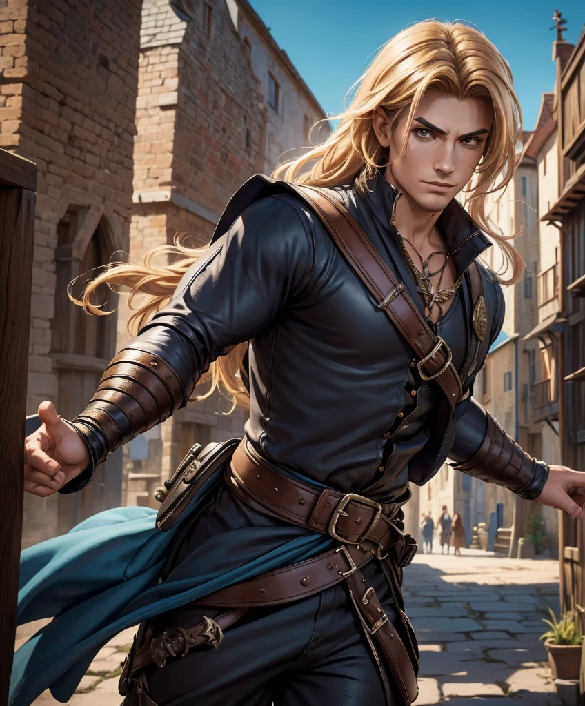 score_9, score_8_up, score_8,  (((Single character image.))) (((1boy))) (((Dressed in medieval fantasy attire.)))   (((This male character is sexy and virile.)))  (((This character is very sexy and dashing.))) Generate a daring, thrilling swashbuckler with a charm and style that is irresistible.  (((Sexy long blond hair.))) This is a character designed for a swashbuckler setting, near an exciting port town inhabited by dangerous thugs and other criminals.  He should be dashing, attractive and a charming and daring adventurer.  He wears stylish swashbuckler fashion with dark hair, dark features and a muscular build. ((bulgeJ8)) (((Background of the image is the medieval style port town.))) (masterpiece, top quality, best quality, official art, beautiful and aesthetic:1.2), extreme detailed,  colorful, highest detailed,  best quality:1.0,hyperealistic:1.0,photorealistic:1.0,madly detailed CG unity 8k wallpaper:1.0,masterpiece:1.3,madly detailed photo:1.2, hyper-realistic lifelike texture:1.4, picture-perfect:1.0,8k, HQ,best quality:1.0, 