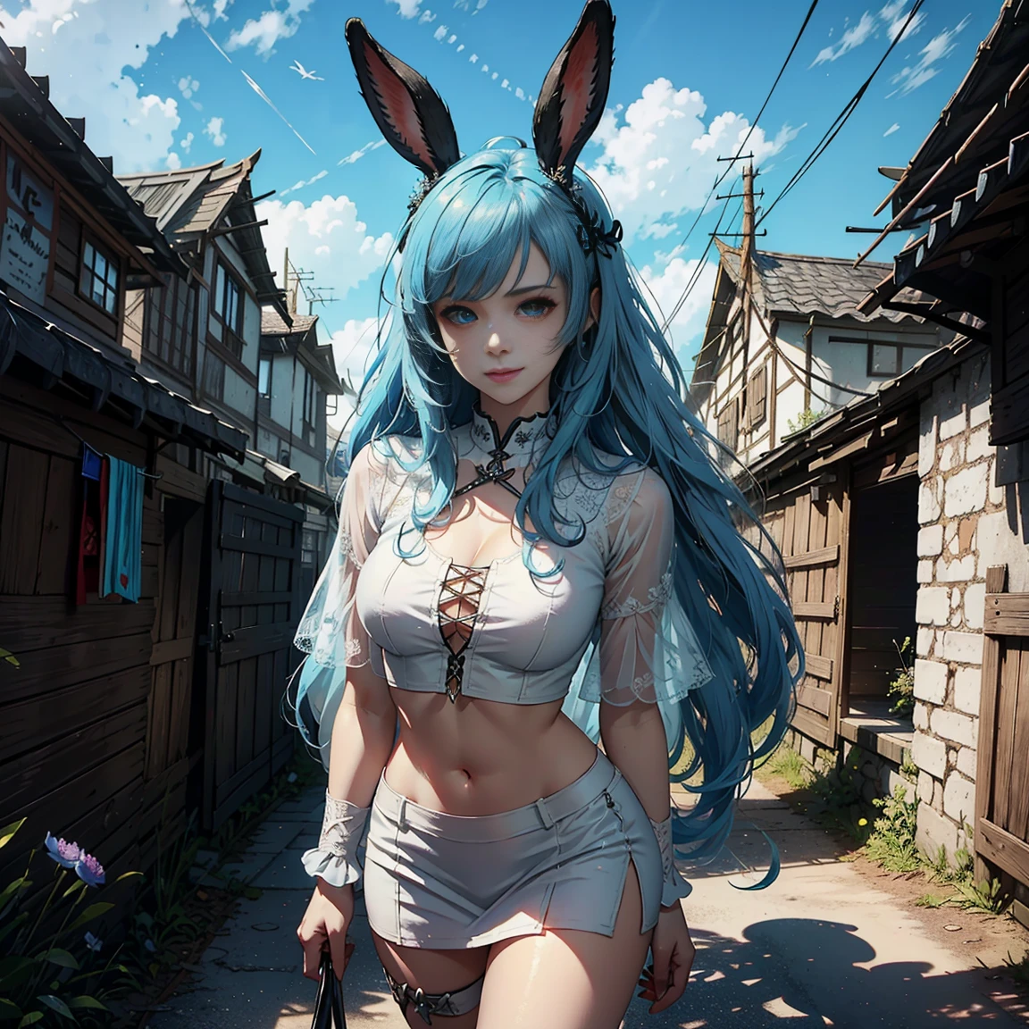 1girl, (solo), FFXIV_Viera, long hair, light blue hair, rabbit ears, blue eyes, smile, arrogant, small lips, big breasts, big tall, white crop top, deep neckline, white skirt, black boots, white skin, vagina view, walking, medieval japanese village, (days), (very sexy body, detailed face, detailed eyes, masterpiece, highly detailed, 8k, best quality, vibrant colors, digital art, concept art)