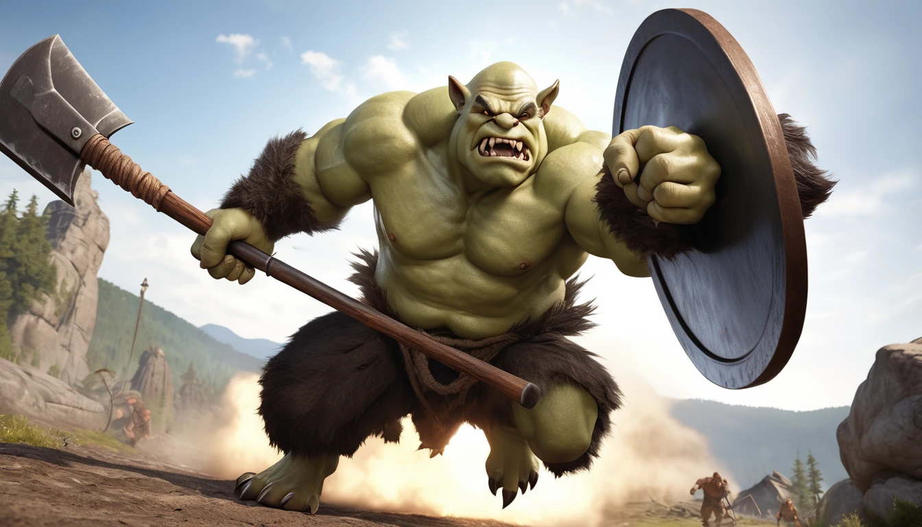 Realistic photos, RAW Photos, ogre, attacks viewer, Powerful movements, jump on prey, ((Dynamic jump)), Sharp Claws, ogre approaching from above, sudden approach, Bad-tempered, dynamic Shot from grand, swing a big ax