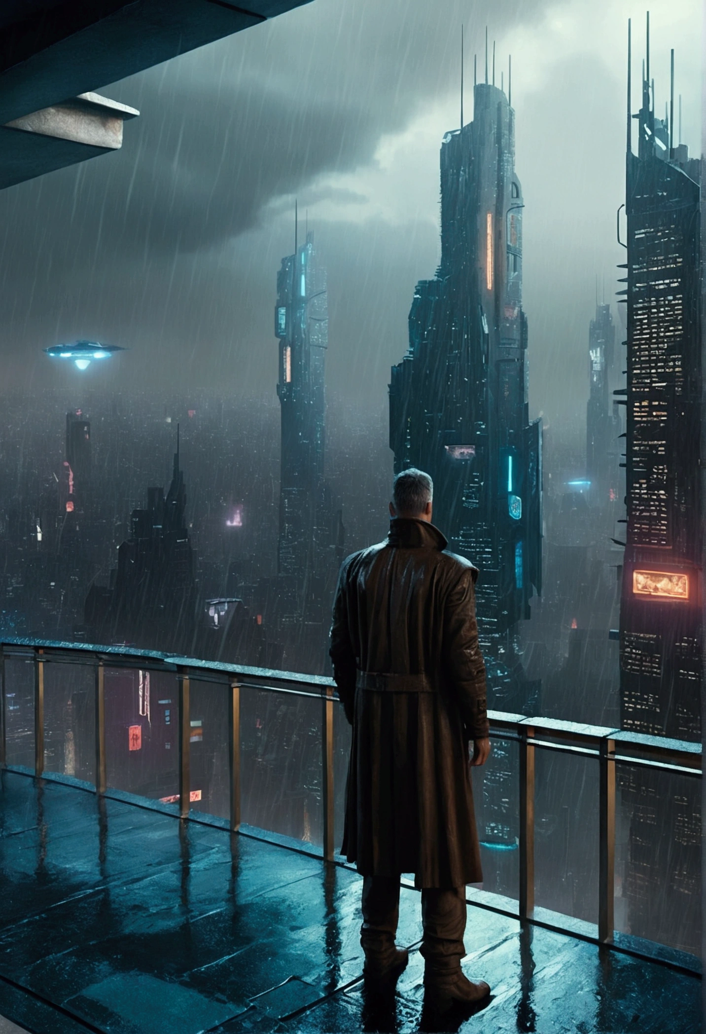 A realistic image of a futuristic city inspired by the movie "Blade Runner", with a man standing on the terrace of a skyscraper overlooking the city. It is raining and the scene has a 16:9 aspect ratio (please include the terrace roof)), seen from three-quarter behind