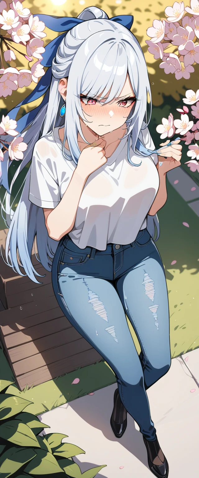 (masterpiece:1.37), best quality, (extremely detailed:1.37), (1girl:1.5), woman, (mature:1.5), (adult:1.5), jingliu, white hair, long hair, ponytail, hair ribbon, red eyes, earrings, jewelry, (jeans:1.25), (extremely detailed eyes:1.37), (wetting self:1.75), desperation, (standing:1.5), embarrassed, humiliation, blushing, angry, cherry blossoms, garden, (golden hour:1.5), full body, (crossing legs:1.5), from above