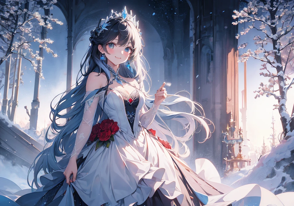 Realistic photos, Focus distance 10mm, Red and white, A big smile, Beautiful girl, Realistic photos, Focus distance 10mmで撮影, masterpiece, 最high quality, high quality, Very detailed CG 8k wallpaper unit, Award-winning photography, Depth of written boundary, High resolution, bloom, chromatic aberration, Realistic, Very detailed, Art Station Trends, CGsociety Trends, Complex, High detail, dramatic, Art on the go, volumetric lighting, A radiant princess with long black hair, in a sparkling white and blue dress, inspired by Disney's Elsa, standing in a snowy landscape with ice sculptures