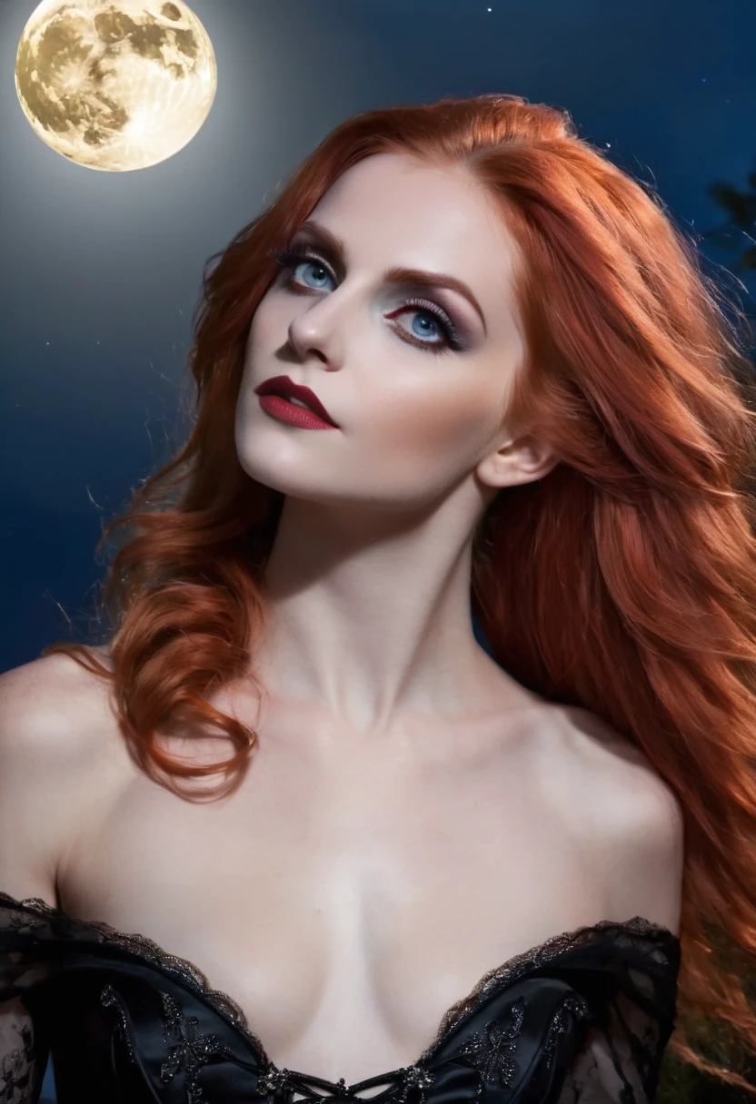 a woman with a compelling and dramatic look, her striking red hair vibrant against the night sky. She wears a fitted black gown with a low neckline and decorative details that suggest a blend of gothic and elegance. Her pose and expression convey a sense of poise and self-assurance. The full moon looming large behind her adds a mystical or supernatural quality to the image, complementing the shadowy, gothic-style castle in the distance. The juxtaposition of her warm hair color against the cool moonlight creates a dynamic contrast, enhancing the overall mood of the scene. 16k resolution, oil on canvas, fine art, super dramatic light, sharp focus, grain, sinister