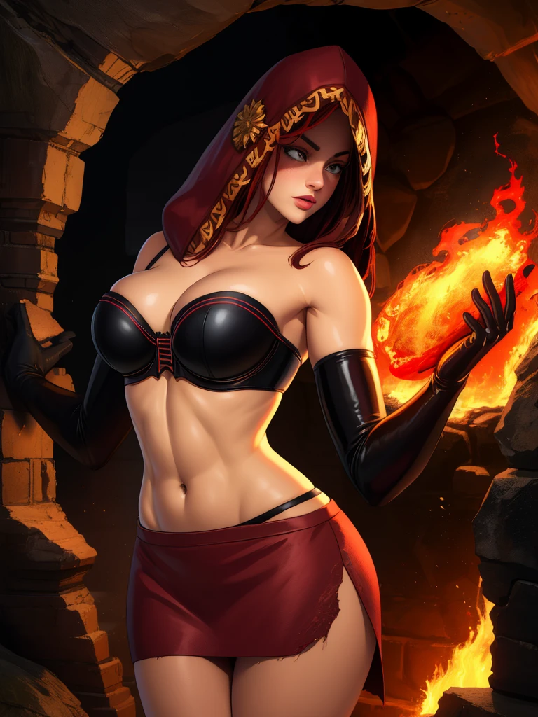 Dsorceress, redhair, shadowy face,dark cave, fire, hood, shadowed face, strapless bra, slim and athletic body, miniskirt, no panty, elbow gloves, dark skin, 1 girl (insanely detailed, masterpiece, best quality)