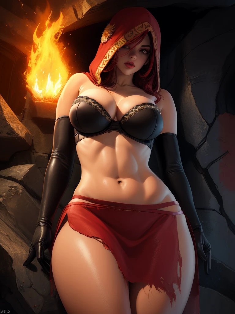 Dsorceress, redhair, shadowy face,dark cave, fire, hood, shadowed face, strapless bra, slim and athletic body, miniskirt, no panty, elbow gloves, dark skin, 1 girl (insanely detailed, masterpiece, best quality)