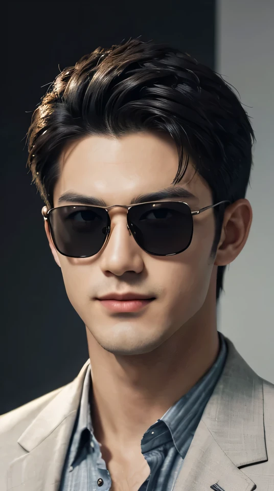 (Men)), (head shot), (front view), (half body view), (Handsome muscular man in his 30s wearing black pilot sunglasses, and luxury black suit), zi wang (Prince chiu), angry smile, (detail: 1 in 1), Natural muscles, HIG quality, beautiful eyes, (Detailed face and eyes), (Face、: 1 / 2), fresh lips, Noise, Real Photographics, ... ...................................................................................................PSD, Sharp Focus, High resolution (8K), realistic & Professional Photography, 8K UHD, Soft lighting, High quality, Film grain, FujifilmXT3