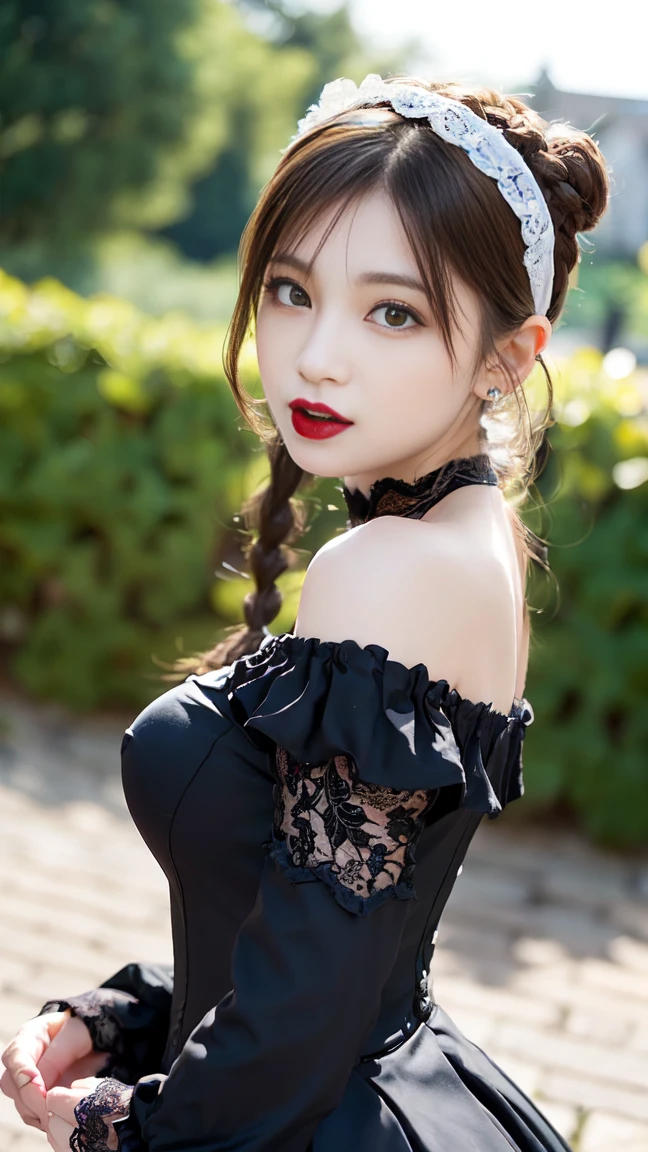 ((18 year old Japanese girl, 1 person)), (((Gothic Lolita Fashion:1.3)),(((Lace off-the-shoulder dress))),(((Outfit with intricate lace detailing))),(Emphasize large breasts:1.3),(European castle background:1.3),(Flowerbed with colorful flowers blooming in the garden),(squat:1.3),(The contrast of light and shadow makes the subject appear three-dimensional),Pretty and beautiful girl,Cute round face,Cute Smile,Blushing,Red lips,(Silvery white hair,Floral knit headband,Half Up、Floral braided space buns,Voluminous fishtail braid,Twisted pan,),(The bangs are see-through),hairpin,hair ornaments,Detailed clothing features,Detailed hair features,Detailed facial features,(Dynamic Angle),BREAK ceremony,((Random sexy poses、put in、Deep pleasure, Ecstatic eyes:1.2)), ((I gasp hard:1.2))、Ecstatic face、Climax expression, Through clenched teeth、My whole body is convulsing、Official Art，Highly detailed CG Unity 8k wallpaper, (masterpiece:1.0),(highest quality:1.0), photo shoot, 8k, Browsing Caution, High resolution, Kodak Portrait 400, Film Grain, Lens flare brilliance,Very low camera angle, View your audience