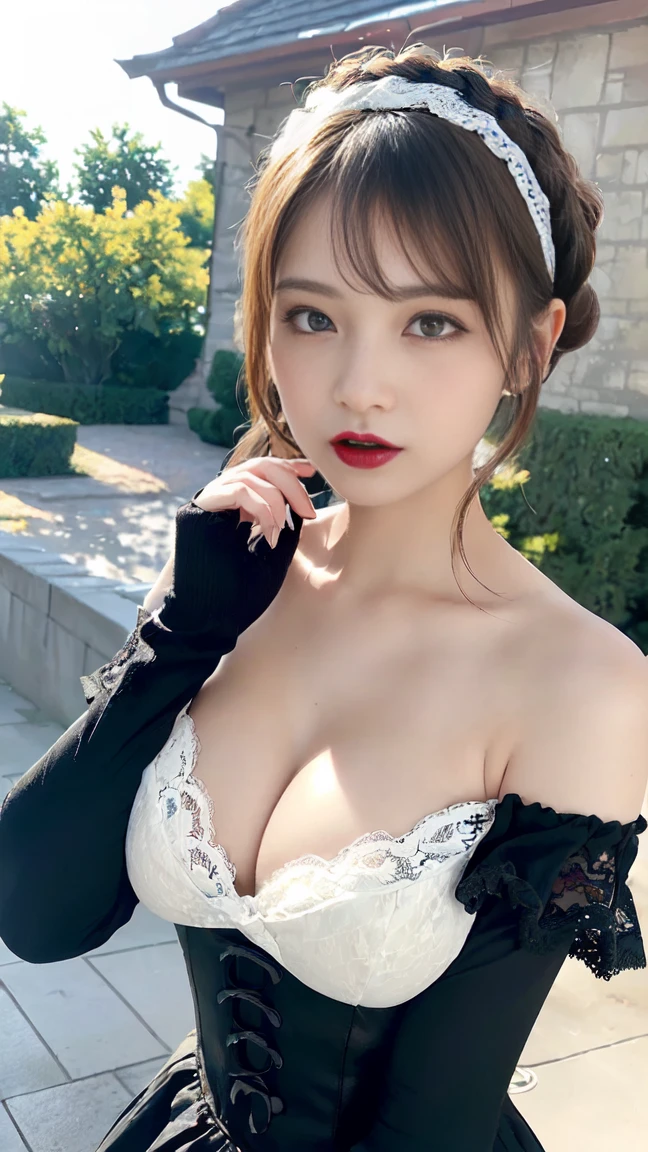 ((18 year old Japanese girl, 1 person)), (((Gothic ****ta Fashion:1.3)),(((Lace off-the-shoulder dress))),(((Outfit with intricate lace detailing))),(Emphasize large breasts:1.3),(European castle background:1.3),(Flowerbed with colorful flowers blooming in the garden),(squat:1.3),(The contrast of light and shadow makes the subject appear three-dimensional),Pretty and beautiful girl,Cute round face,Cute Smile,Blushing,Red lips,(Silvery white hair,Floral knit headband,Half Up、Floral braided space buns,Voluminous fishtail braid,Twisted pan,),(The bangs are see-through),hairpin,hair ornaments,Detailed clothing features,Detailed hair features,Detailed facial features,(Dynamic Angle),BREAK ceremony,((Random sexy poses、put in、Deep pleasure, Ecstatic eyes:1.2)), ((I gasp hard:1.2))、Ecstatic face、Climax expression, Through clenched teeth、My whole body is convulsing、Official Art，Highly detailed CG Unity 8k wallpaper, (masterpiece:1.0),(highest quality:1.0), photo shoot, 8k, Browsing Caution, High resolution, Kodak Portrait 400, Film Grain, Lens flare brilliance,Very low camera angle, View your audience