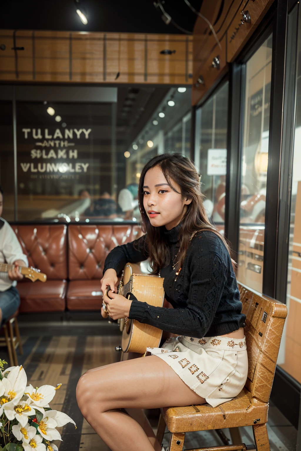 masterpiece, best quality, ultra detailed, high resolution, 1 girl, ((pretty lady MoonLay)), Burmese girl, ((pretty lady MoonLay's seductive sweet face with sweet smile:1.2)), ((playing guitar:2)), ((singing)), ((electric guitar)), ((restaurant with unplugged background:1.5)), golden hour setting, 8k, (black sweater turtleneck tight blouse), ((many white flowers pattern printed on black mini tight skirt:1.2)), (sitting on stylish stage stool), (((crossing legs:1.1))), (stiletto high heel), ((full body front angle side view:1.5)), ((blur background with star shaped bokeh effect to highlight portrait better)), (vibrant HDR lighting), 