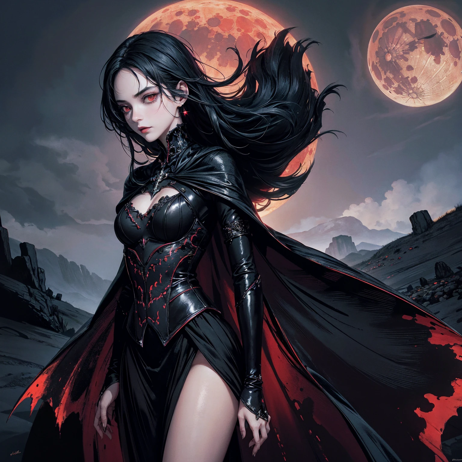 best quality, 4k, high resolution, masterpiece:1.2, Very detailed, actual:1.37, Mood lighting, Girl in a long cape, Wearing a reflective latex skirt that shows a little skin above the chest, Dangerous sneer, Black Hair, Standing, Face facing the camera, Crucified, Pitch black sky, Blood-red moon, strange atmosphere, Gothic style, Unforgettable beauty, Dramatic shadows, Ethereal Light, Mysterious atmosphere.