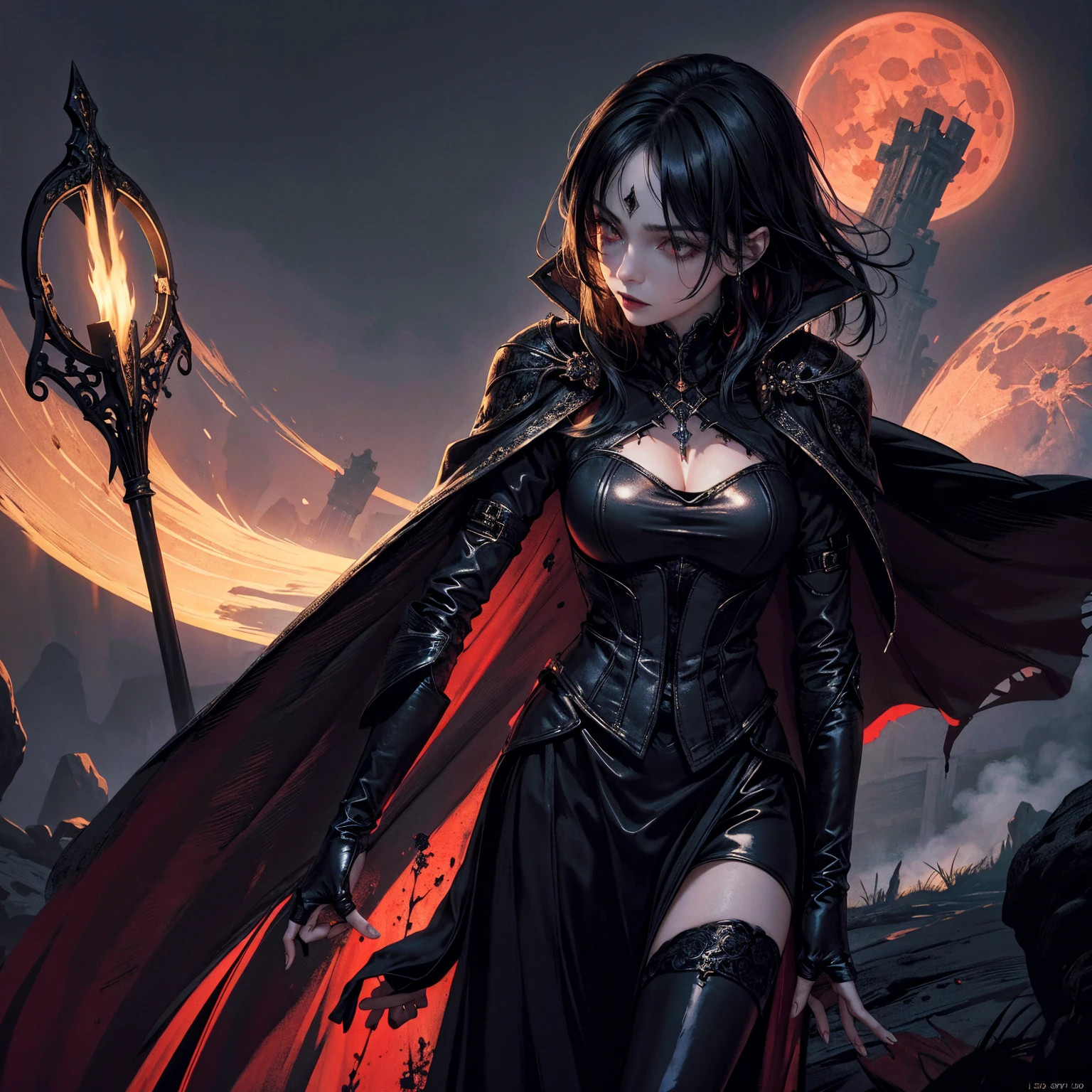best quality, 4k, high resolution, masterpiece:1.2, Very detailed, actual:1.37, Mood lighting, Girl in a long cape, Wearing a reflective latex skirt that shows a little skin above the chest, Dangerous sneer, Black Hair, Standing, Face facing the camera, Crucified, Pitch black sky, Blood-red moon, strange atmosphere, Gothic style, Unforgettable beauty, Dramatic shadows, Ethereal Light, Mysterious atmosphere.