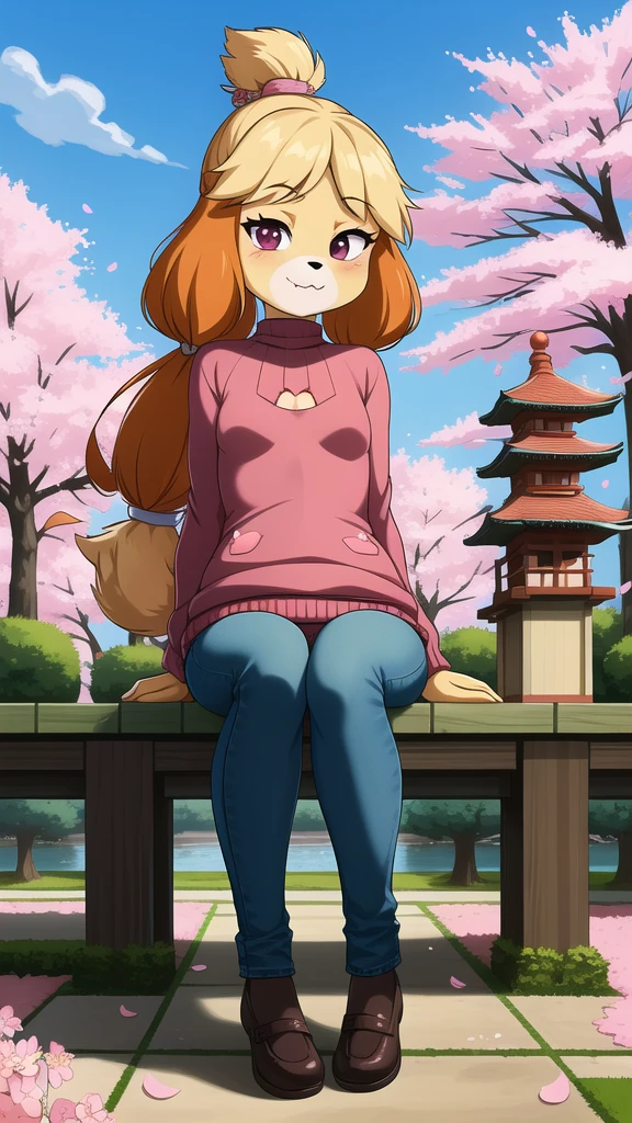 (Isabelle \(Protect animals\):1.1), (masterpiece, best quality:1.15), 1 Girl, Solitary, Small Breasts, Looking at the audience, Maroon eyes, permanent, Cross your legs, Even attract, Killer sweater, jeans, sky, picturesque, Idyllic, outdoor, Cherry blossoms, Tree, Japanese Architecture, garden, pink, Flowers, petal, falling petal, Japanese Garden, used to be, Cherry blossoms, Long hair, French Braid, Ahog, affectionate, Small heads, Small Eyes, Flat nose