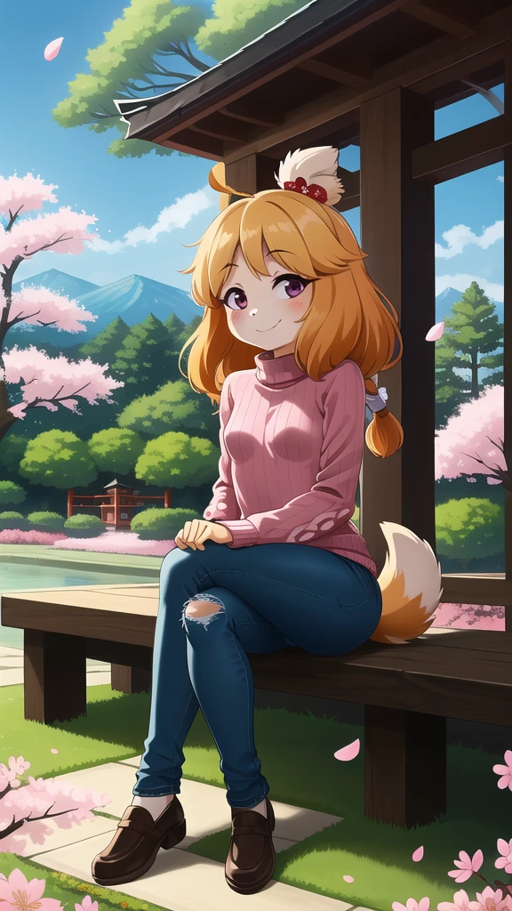 (Isabelle \(Protect animals\):1.1), (masterpiece, best quality:1.15), 1 Girl, Solitary, Small Breasts, Looking at the audience, Maroon eyes, permanent, Cross your legs, Even attract, Killer sweater, jeans, sky, picturesque, Idyllic, outdoor, Cherry blossoms, Tree, Japanese Architecture, garden, pink, Flowers, petal, falling petal, Japanese Garden, used to be, Cherry blossoms, Long hair, French Braid, Ahog, affectionate, Small heads, Small Eyes, Flat nose