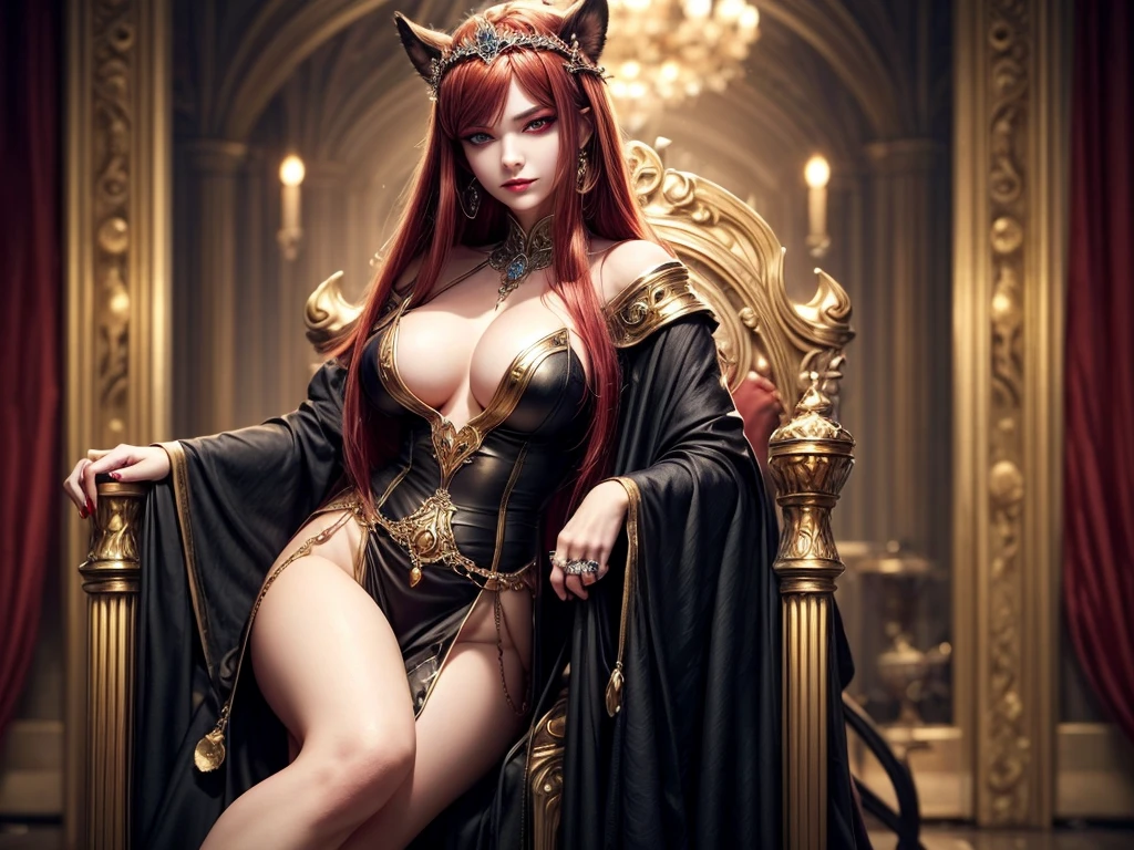 In the dark castle throne room on the huge royal throne in seductive pose siting beatiful demon queen, She have beautiful face with pink eyes rakr eye shadows and dark lipstick sexy make up, golden ring shape earrings on her ponty ears. she have long gorgeous bloody red hair.. dressed in majestic sexy black royal robe with golden metal parts, also she have tattoo all over her body her hands have lonf beautiful nails, (ultra high quality fantasy art, ghothic dark fantasy style, masterpiece, ultra high quality character design, 8k quality anime art, realistic anime art, top quality wallpaper illustration, detailed ultra high quality accurate face, high quality design and accurate physic)