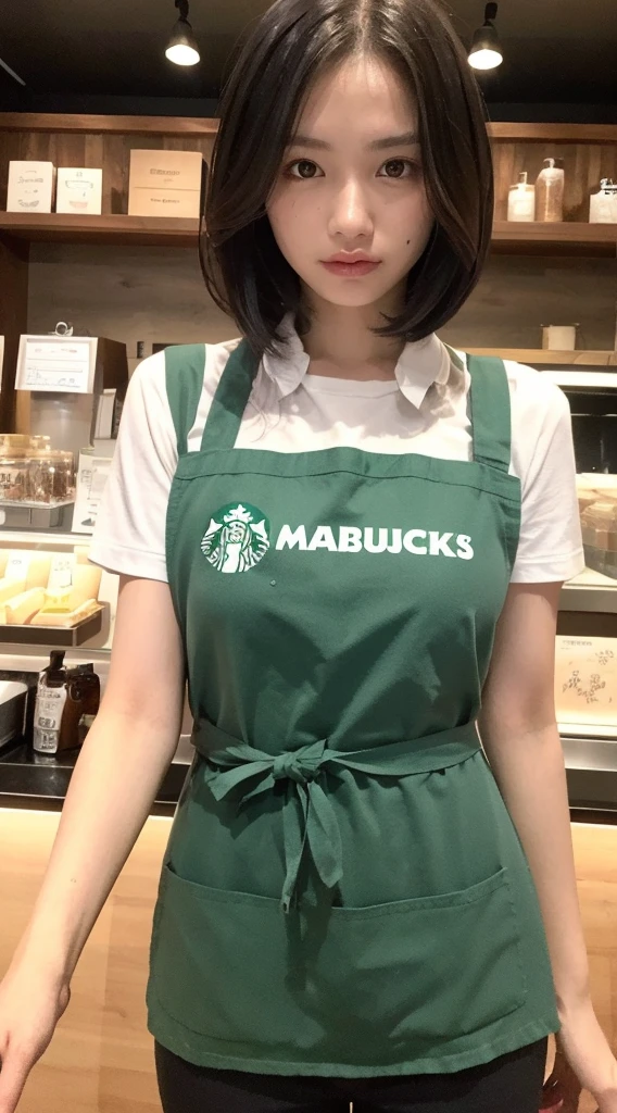 ((beste-Qualit、8k、masterpiece:1.3))、sharp focus:1.2、A beautiful woman with perfect body:1.4、((Layered Haircut、small tits:1.2))、(Starbucks dark green apron)、(Inside the Starbucks store:1.2)、Black polo shirt under apron、Wet Body:1.1、Highly detailed facial and skin texture、 Detailed eye、Double eyelids、sunburnt skin、A sexy、suntanned