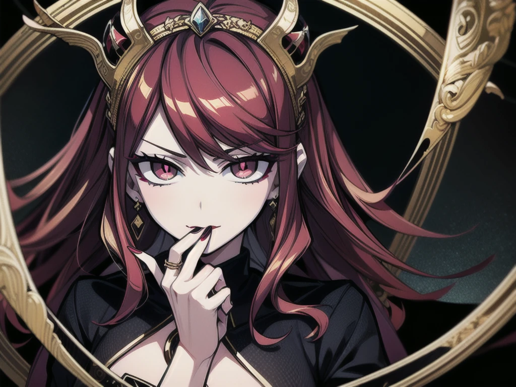 In the dark castle throne room on the huge royal throne in seductive pose siting beatiful demon queen, She have beautiful face with pink eyes rakr eye shadows and dark lipstick sexy make up, golden ring shape earrings on her ponty ears. she have long gorgeous bloody red hair.. dressed in majestic sexy black royal robe with golden metal parts, also she have tattoo all over her body her hands have lonf beautiful nails, (ultra high quality fantasy art, ghothic dark fantasy style, masterpiece, ultra high quality character design, 8k quality anime art, realistic anime art, top quality wallpaper illustration, detailed ultra high quality accurate face, high quality design and accurate physic)