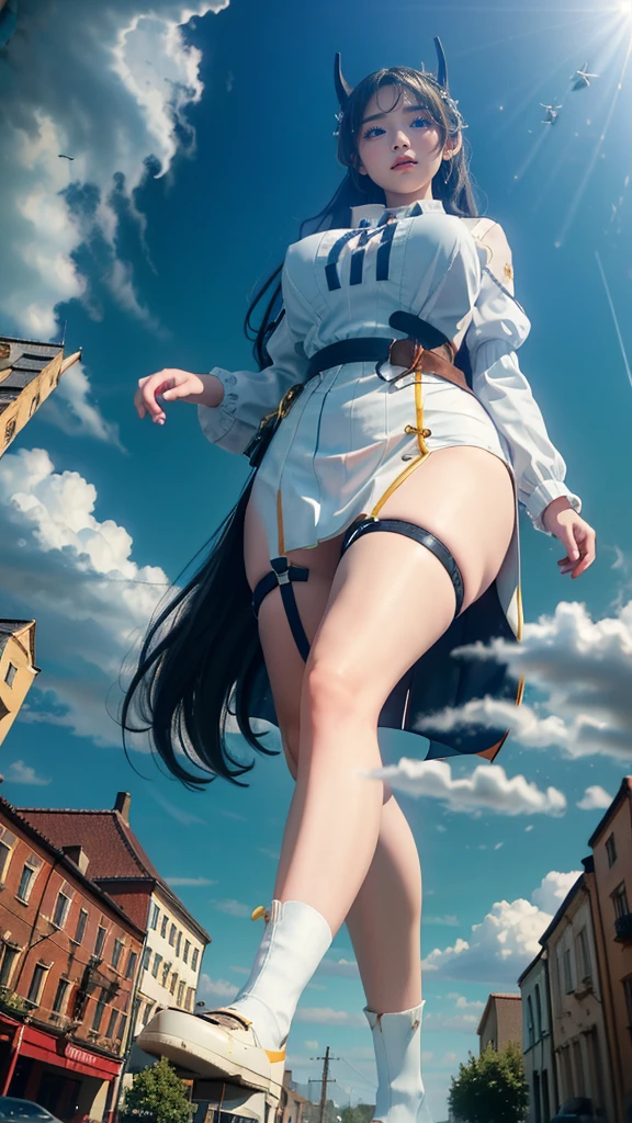 (((Fisheye Lens)))、Medieval European town、((((A girl bigger than the city))))、(((Azur Lane Cheshire Cosplay)))Looking up from below，50 foot tall giant girl，Has super long legs,((Bend))，((A pair of huge breasts))，((Plump thighs))、high school student，mini skirt,Long black hair，Beautiful appearance，Exquisite makeup，quality，8k，High quality，(governor:1.5)，Perfect Proportions, Cinema Lighting，Film Grain，The Colors of Fuji，8k，Textured skin，Super Detail，High detail，high quality，High resolution