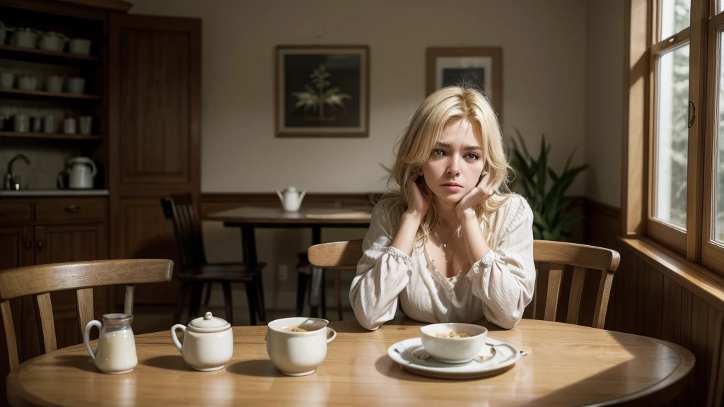 A blonde woman, similar to Elainne Goldives, is sitting at a dining table in her home. Her expression is one of deep sadness, guilt and inferiority. Your eyes are red and watery, with tears streaming down her face. She has an expression of despair, with the eyebrows furrowed and the mouth trembling slightly, like you&#39;re about to cry.

She's dressed in casual clothes, mas elegantes: a light colored blouse and jeans. Her blonde hair is loose and a little disheveled., reflecting your disturbed emotional state.

there are empty plates and cutlery, indicating that the table should be used for meals, In a corner of the table, there is an open refrigerator, revealing almost empty shelves, with just a few basic items and an almost empty bottle of milk, symbolizing the lack of food at home.

The environment around her is a simple dining room., with light walls and some furniture. There is a window in the background, through which daylight enters, but the atmosphere in the room is gloomy due to the woman&#39;s emotional state. The light that enters is soft and diffused, creating soft shadows that increase the feeling of melancholy.

In a corner of the room, there is a plant in a pot, a symbol of life and hope, but it seems a little forgotten and neglected. There is also an empty chair next to the woman, suggesting loneliness and isolation.

The scene conveys a strong feeling of helplessness, loneliness and financial pressure, capturing the painful moment of someone struggling with their debt, feelings of inadequacy and lack of food