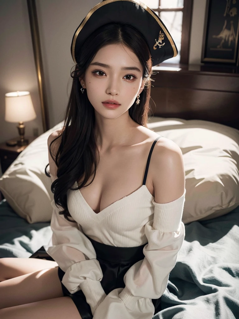 absurdres, RAW photo, extremely delicate and beautiful, masterpiece, Best Quality, ultra high resolution, 32k, hyperrealistic, ultra-detailed, perfect anatomy, super Detailed skin, perfect figure, Super Beauty, Perfect Style, Perfect balance, Beautiful Lighting, Perfect Lightning, Realistic Shadows, 20 years old, very Slim body, narrow waist, very small head, very small face, delicate facial features, handsome detailed woman, very detailed eyes and face, realistic face proportions, Realistic beautiful face, Realistic beautiful eyes, tearful mole, earring, very huge round breasts, legs, medium hair, full body shot, indoor, (Practical pirate clothing), Long-sleeved pirate top, Skirt,Torn pirate hat,