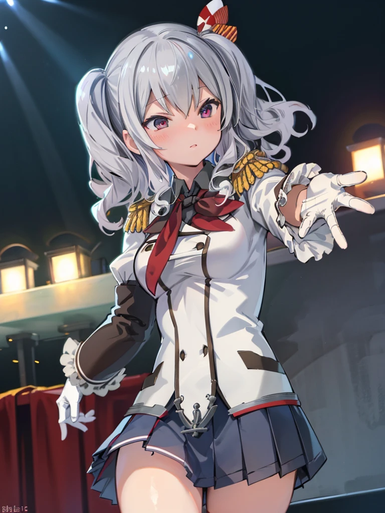 highest quality, masterpiece, High resolution, alone, 1 girl, show panties, KashimaOG, kashima \(kancolle\), beret, epaulettes, red neckerchief, frilled sleeves, long sleeves, military uniform, (white gloves) miniskirt, pleated skirt, anchor,
