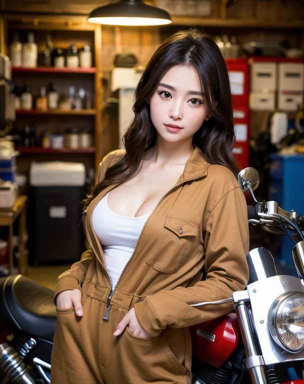 You are a professional photographer。masterpiece、8K、Highest quality, Soft Light, Ultra-high resolution, (Realistic:1.4), RAW Photos,24 years old Japanese girl, alone, cute, (pupil, Light in your eyes), Beautiful face in every detail, (Small box),(High resolution detail of human skin texture),Cleavage
、Motorcycle repair shop、mechanic、Work Style、Wearing a jumpsuit、Wear long-sleeved work clothes、Roll up your sleeveaintain your bike、Accurate background
、(Portraiture)