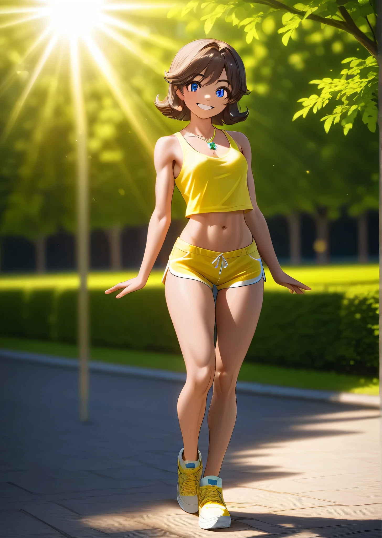 [daisy], [Princess_Daisy], ((masterpiece)), ((HD)), ((high res)), ((solo portrait)), ((front view)), ((feet visible)), ((anime)), ((detailed soft shading)), ((beautiful render art)), ((intricate details)), {(athletic figure), (brown tanned skin), short brunette hair, (cute blue eyes), (small breasts), (toned body), (defined muscles), (curvy hips), (beautiful legs), (cute excited grin)}, {(yellow tank top), (navel), (yellow jogger short shorts), (white and yellow sneakers), (green pendant)}, {(looking at viewer)}, [ambient lighting, park, sun rays]